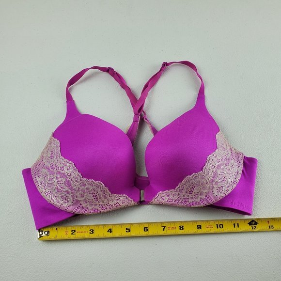 Victoria's Secret Push Up Bra Lace Trim Cross Back Front Close 34C Women Purple - Picture 7 of 10